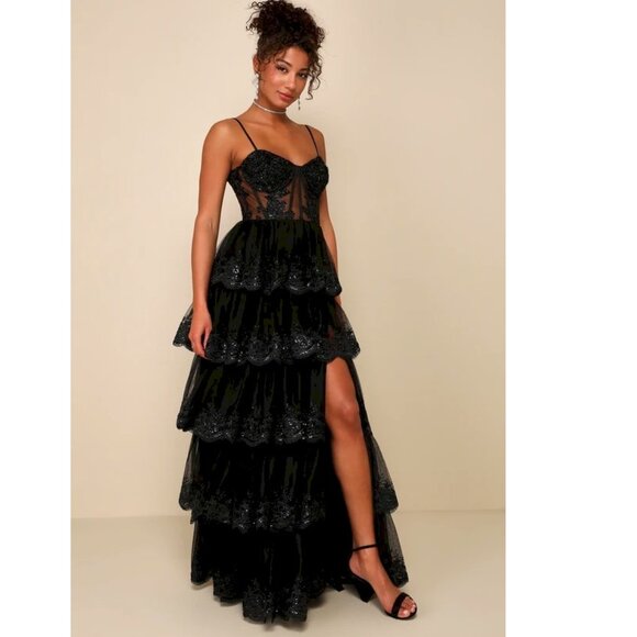 Lulus Alluring Sensation Black Tulle Embroidered Tiered Maxi Dress Small - Picture 8 of 11